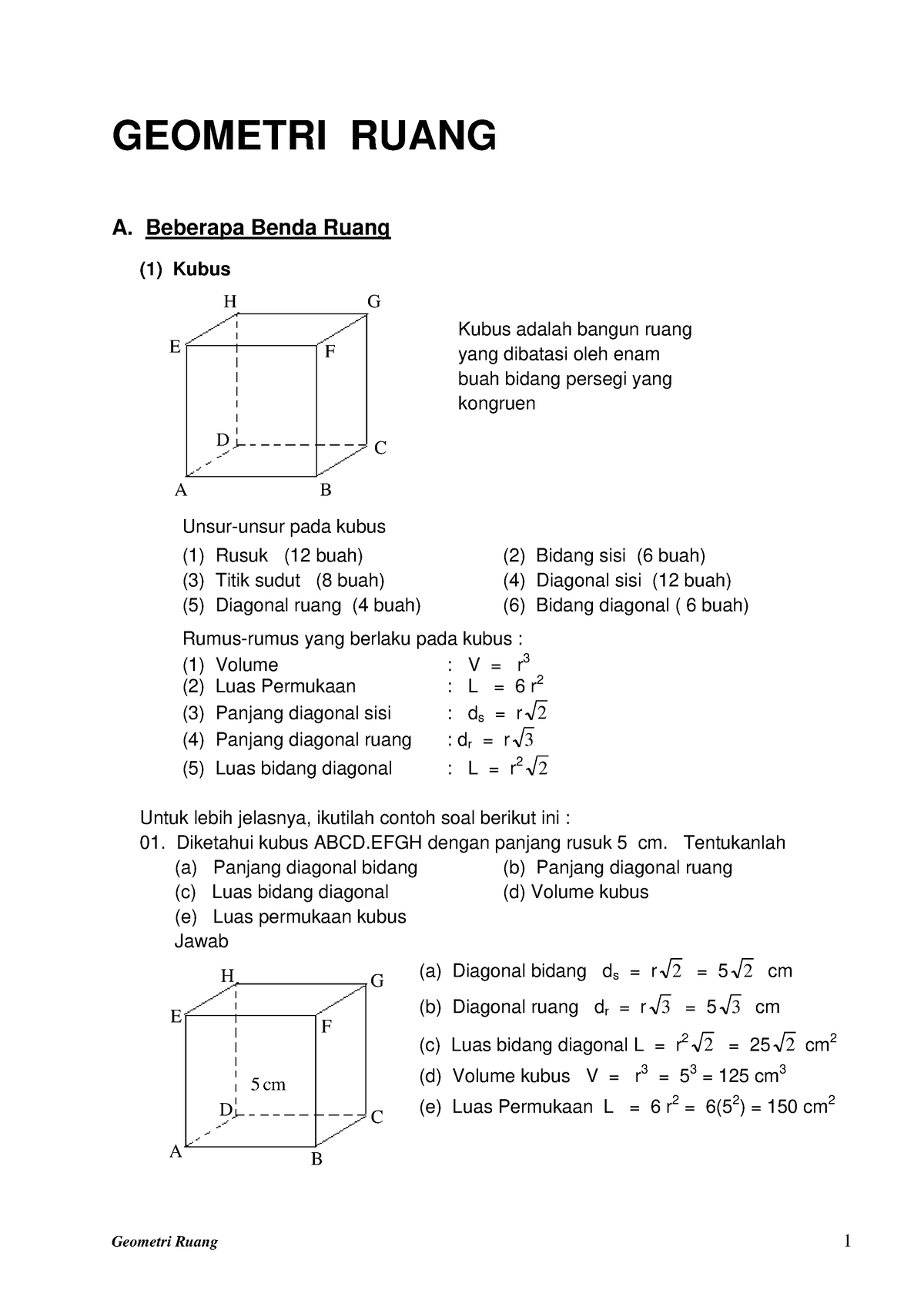 Beberapa Benda Ruang - A B D C E F H G 5 Cm GEOMETRI RUANG A. Beberapa ...