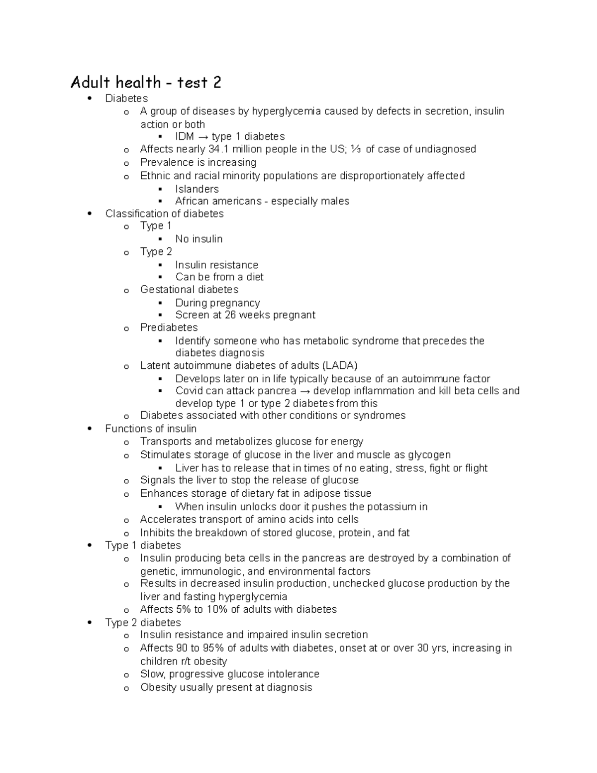 Adult health test 2[2836] Adult health test 2 Diabetes o A group of