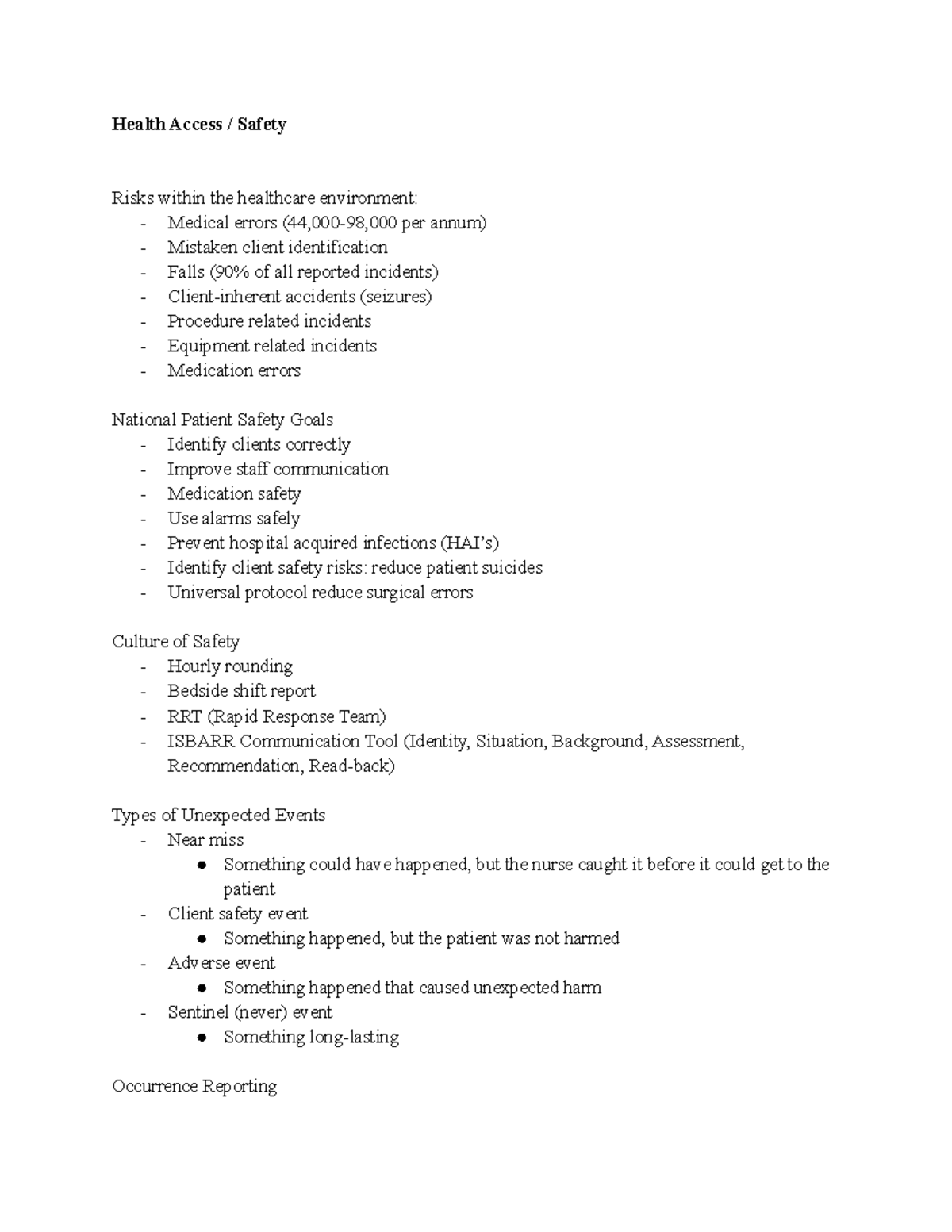GNUR 238- Safety Notes - Health Access / Safety Risks within the ...