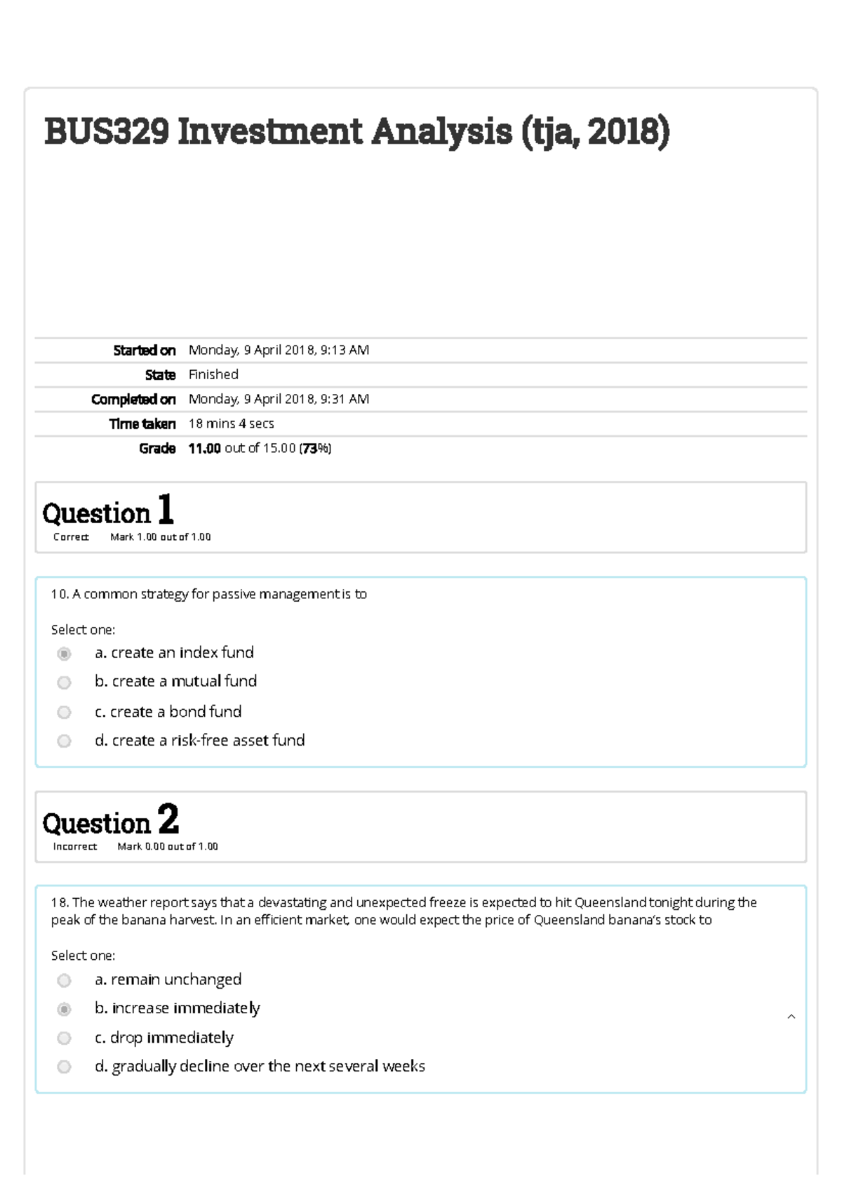 Investment Analysis Quiz Eight - 4/9/2018 Quiz 8 (Chapter 11): 22/03 ...