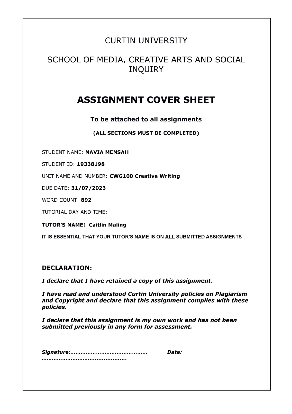 curtin university assignment cover sheet