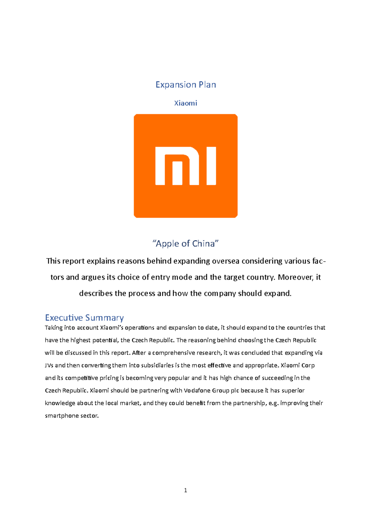 Xiaomi 1 Final Project Expansion Plan Xiaomi Apple Of China This