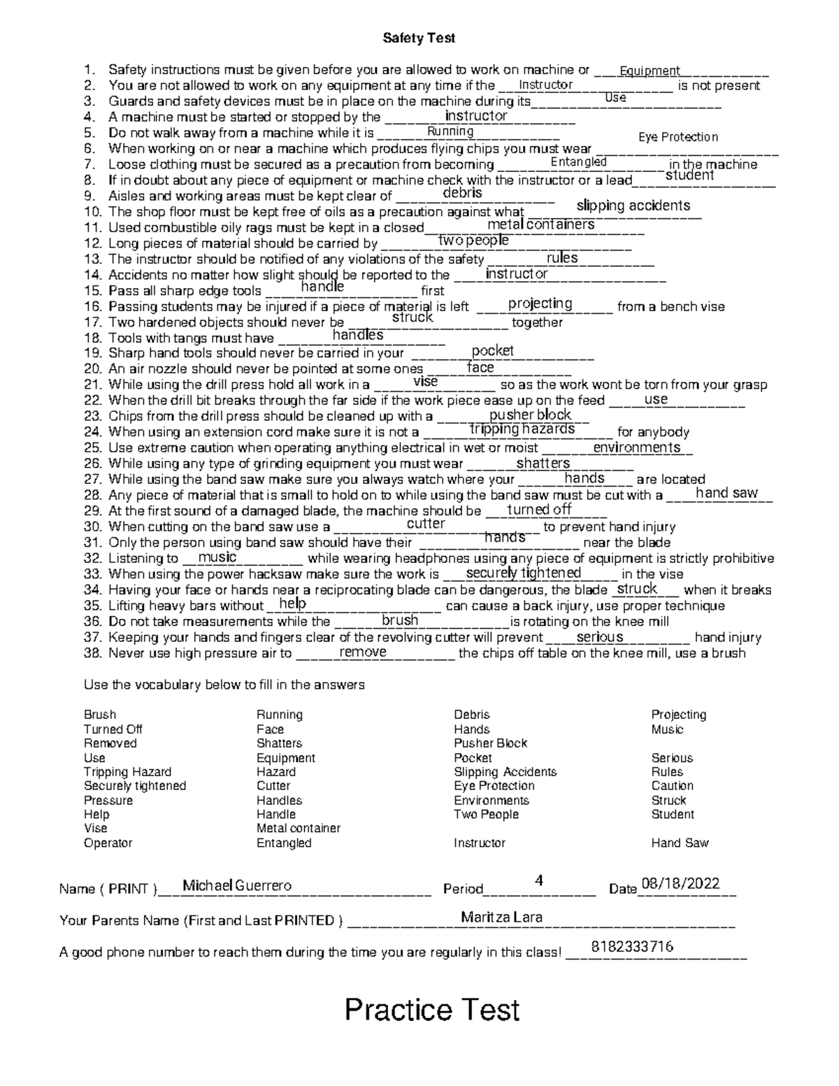 Kami Export - Michael Guerrero - Practice TEST Safety Test - Safety Test 1. Safety instructions ...