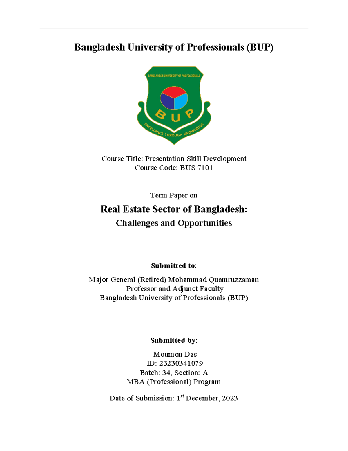 PSD Term Paper Moumon Das 23230341079 - Bangladesh University of ...