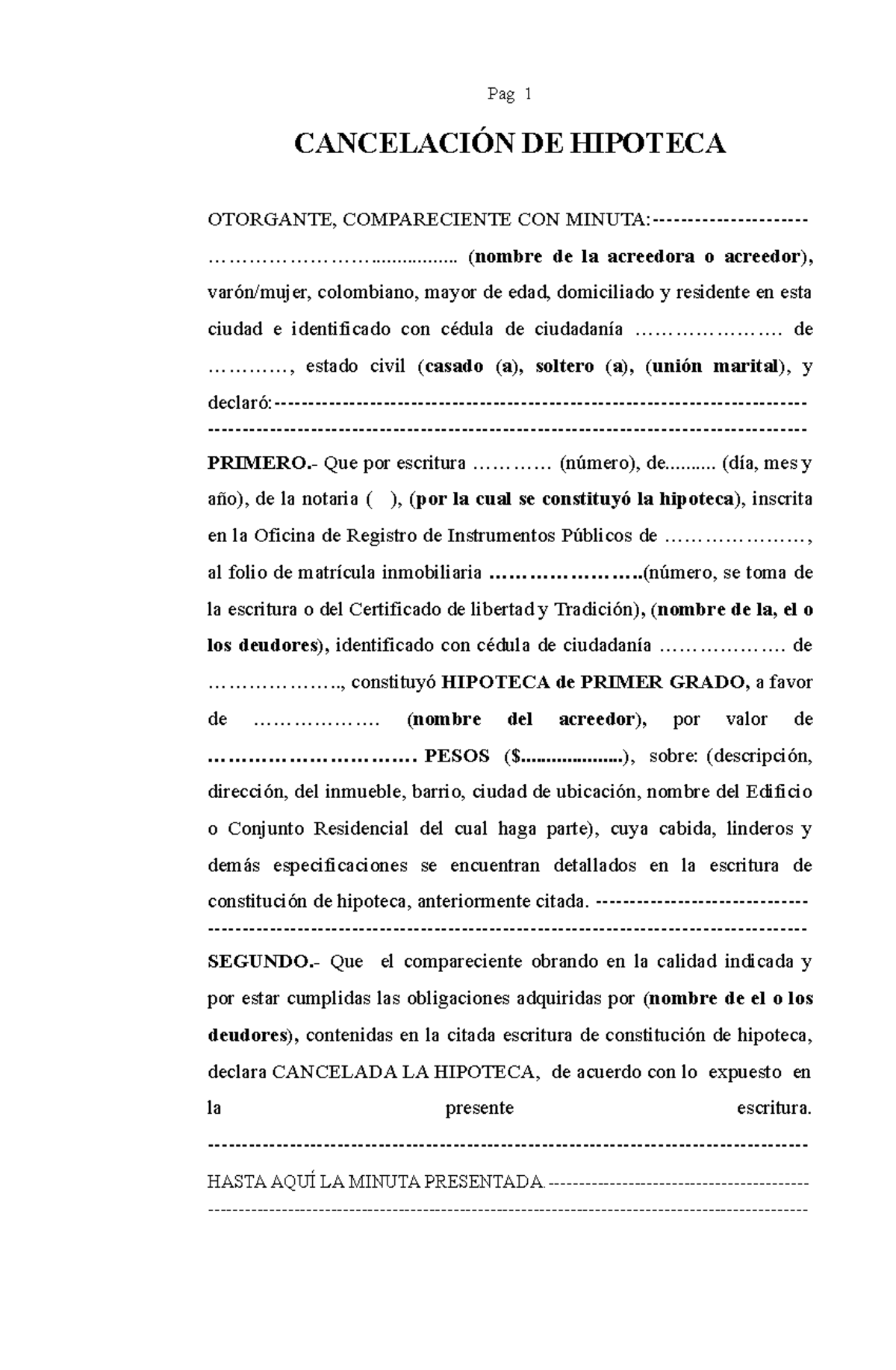 Cancelacion de hipoteca Pag 1 CANCELACIÓN DE HIPOTECA