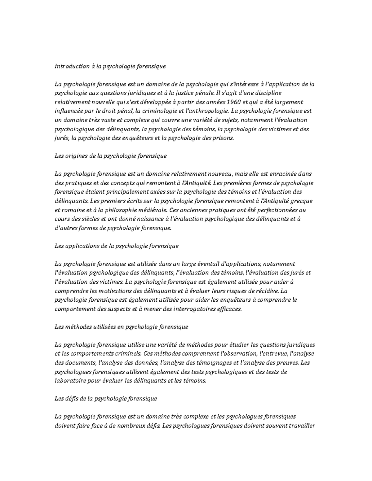 Forensic Psychology Study Notes Introduction à la psychologie