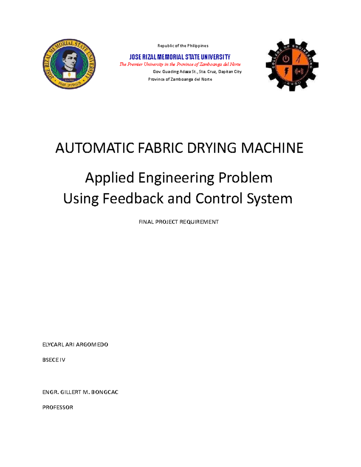 Automatic Fabric Drying Machine - Republic of the Philippines JOSE ...