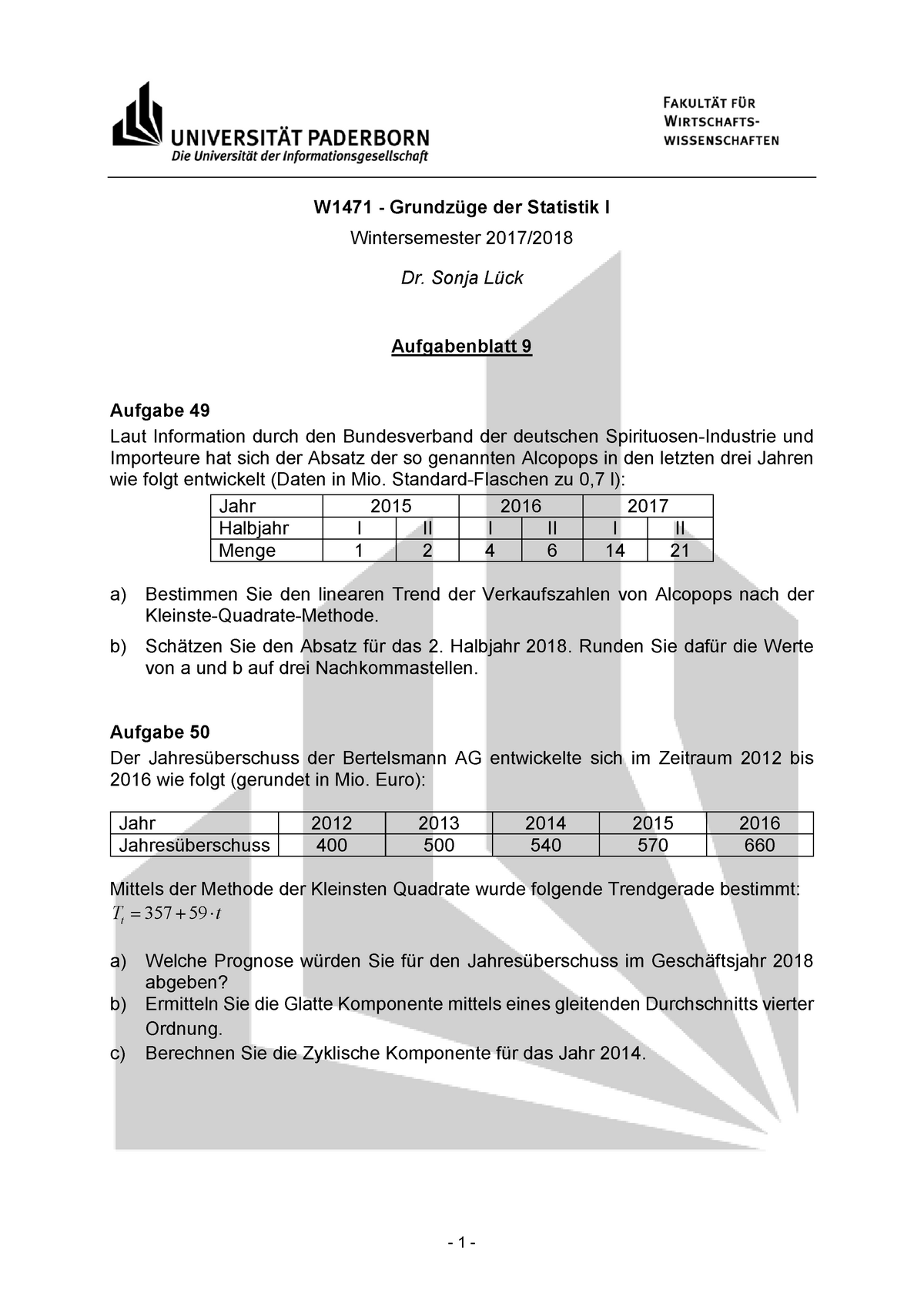 Grundzüge Der Statistik I - Aufgabenblatt 9 - W1471 - Grundzüge Der ...