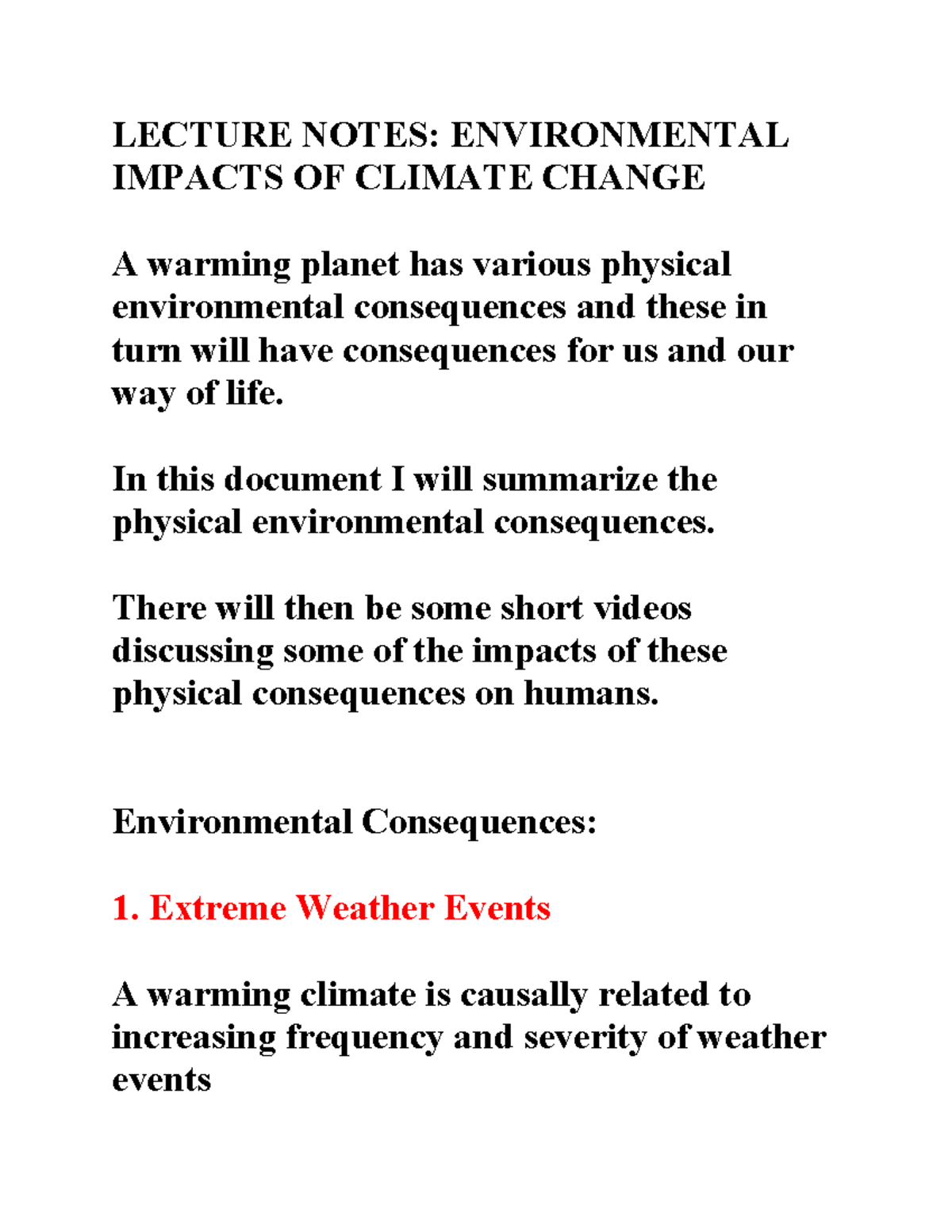 Climate - NOTES - LECTURE NOTES: ENVIRONMENTAL IMPACTS OF CLIMATE ...