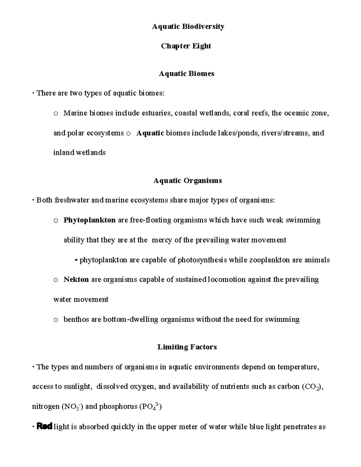 NotesCHAP8Aquatic Biodiversity Aquatic Biodiversity Chapter Eight