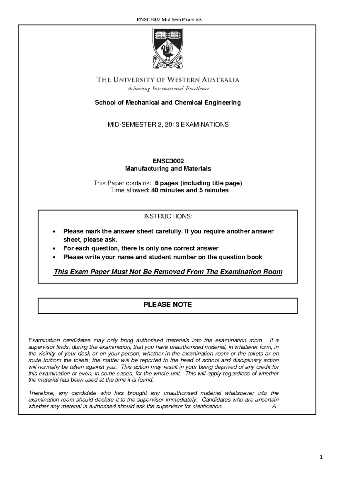 Exam 2013 Materials And Manufacturing, questions and answers School