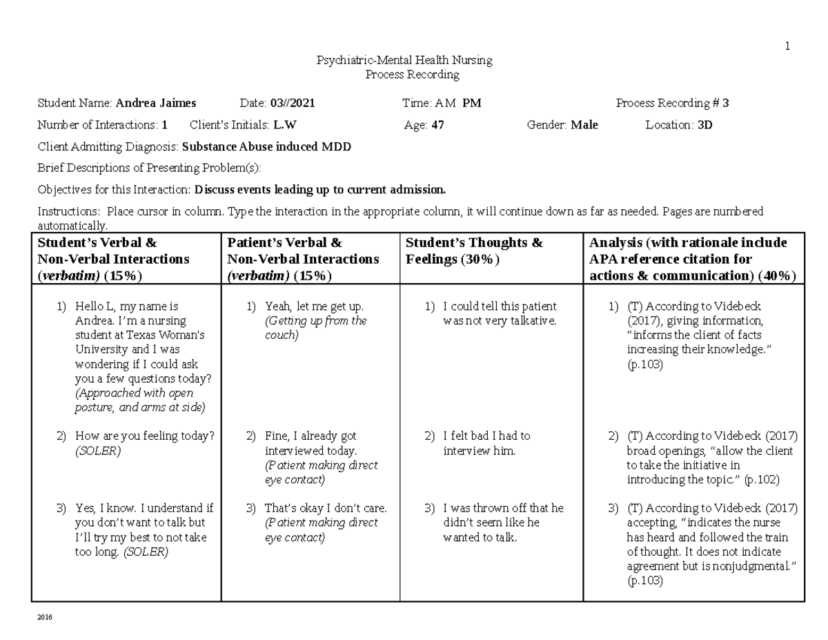 Copy Of Process Recording 3 2 Psychiatric Mental Health Nursing 