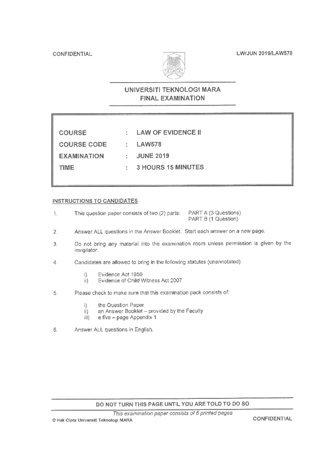 LAW578 - June 2019 - PYQ - Law of Evidence II - Studocu