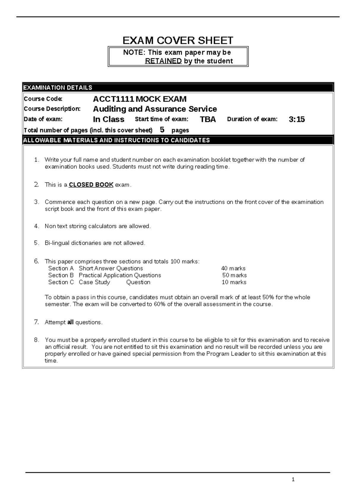 ACCT1111 MOCK EXAM - EXAM COVER SHEET NOTE: This exam paper may be ...