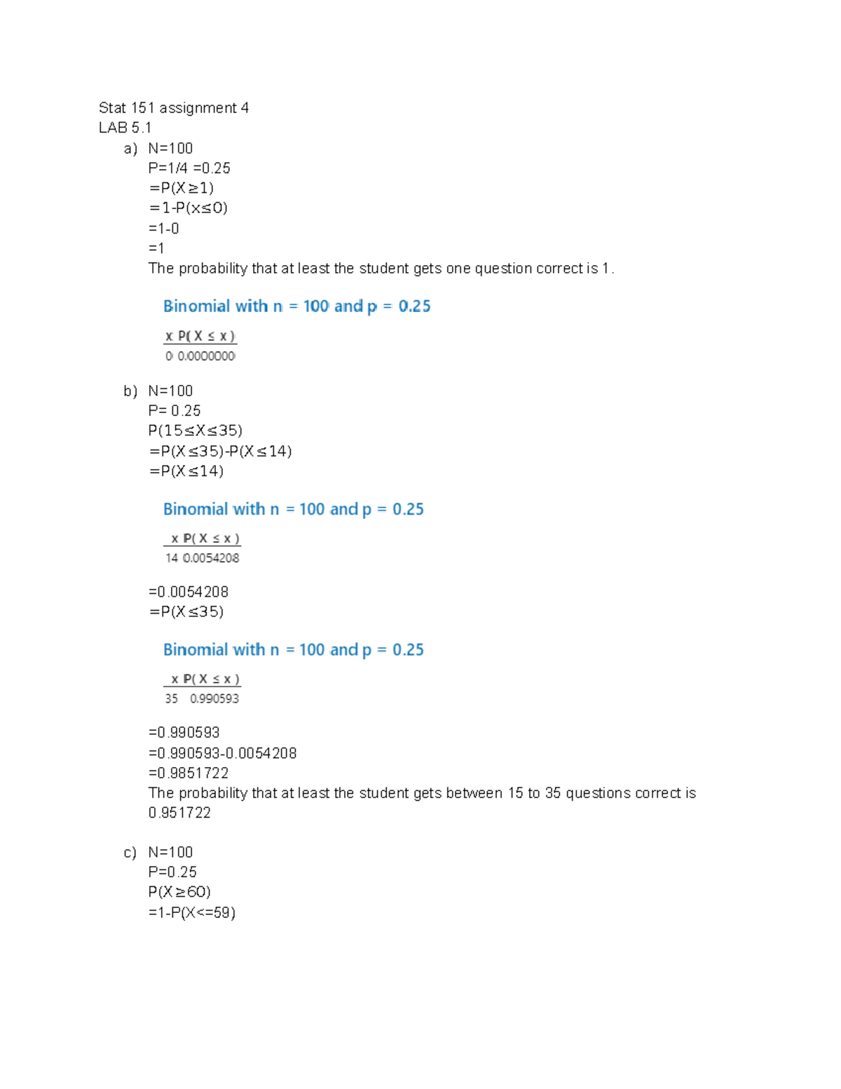 Stat 151 assignment 4 - Stat 151 assignment 4 LAB 5. a) N= P=1/4 =0. =P ...