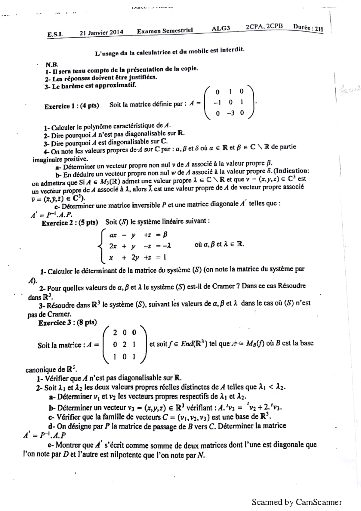 2014 - linear algebra exam. - Linear Algebra II - Scanned by CamScanner ...