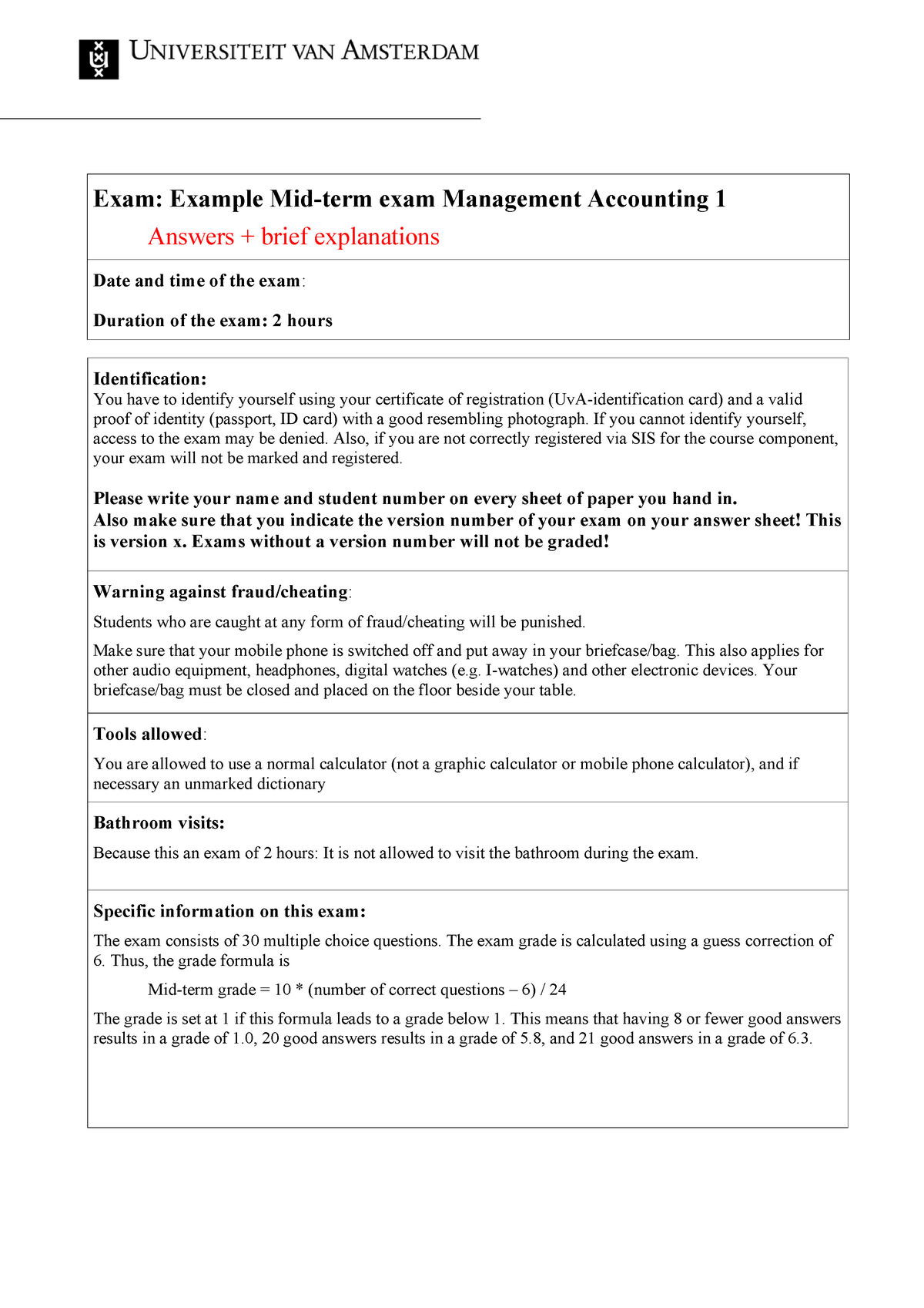 Example Mid term MA 1 Answers Exam Example Mid term Exam Management 