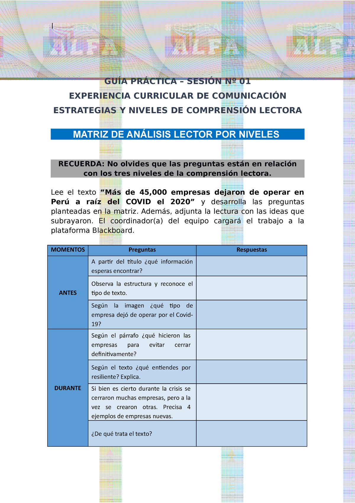 Matriz DE Análisis Lector - Primera Lectura - | GUÍA PRÁCTICA – SESIÓN ...