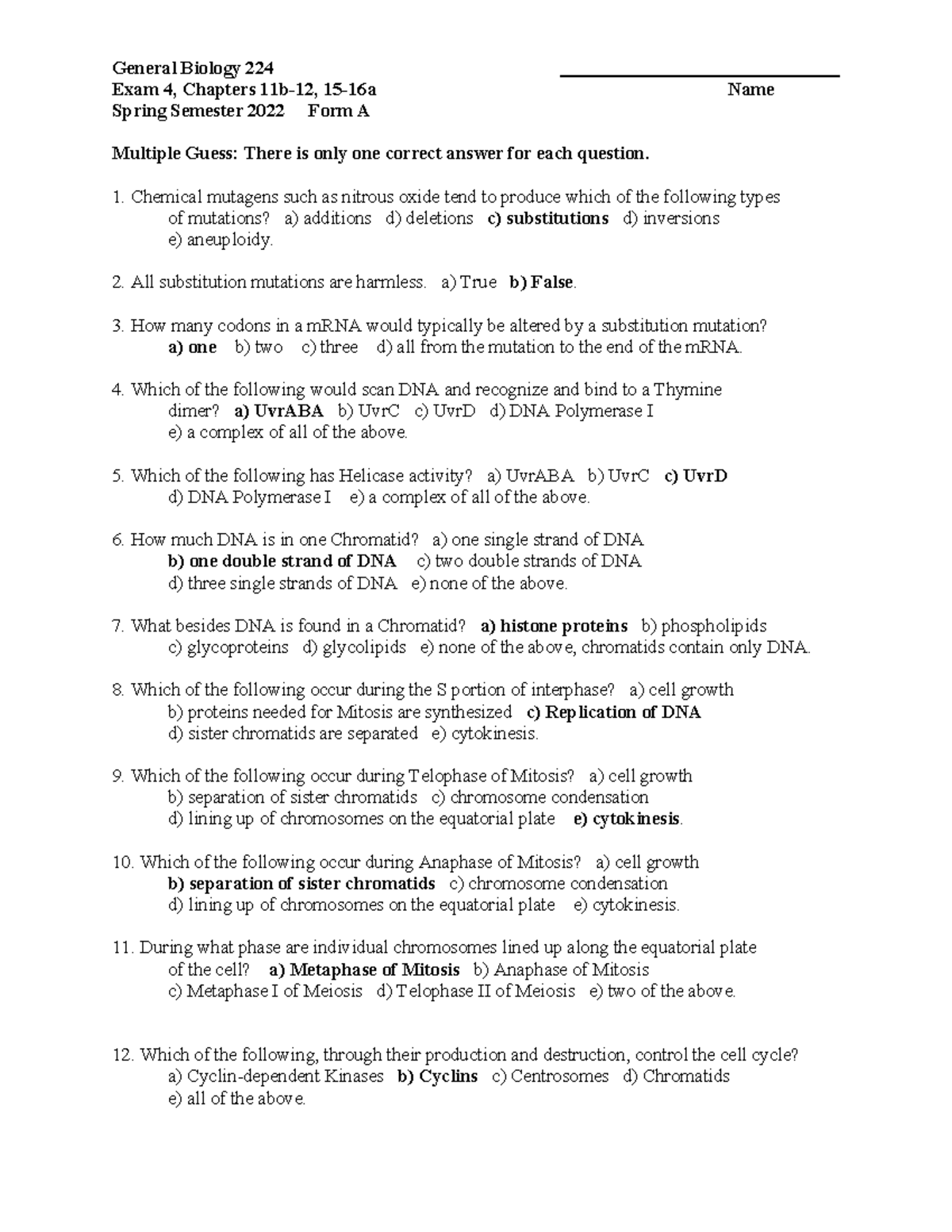 Practice Exam 4-Sattler 2014 - General Biology 224 Exam 4, Chapters 11b ...