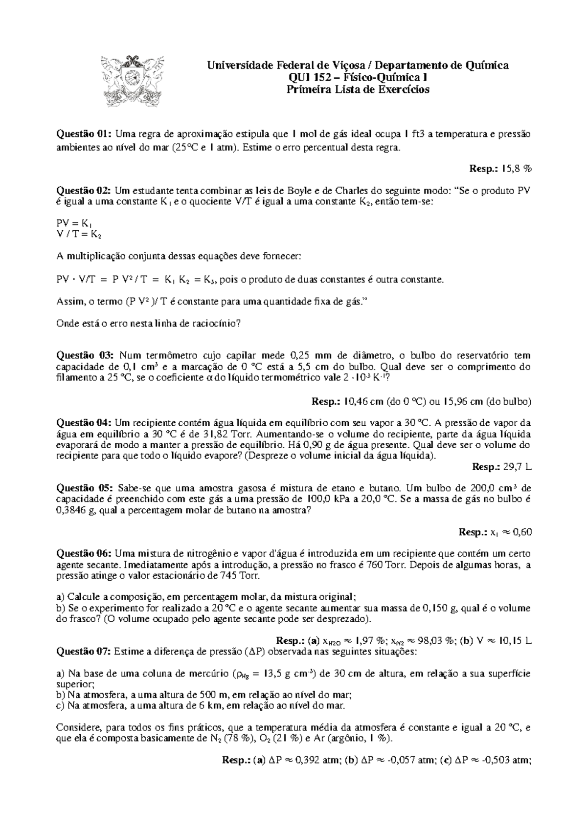 Qui152lista 1 Qui152 Lista 1 Fisico Quimica 1 Fisicoquimica I Studocu