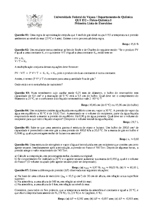 Qui152lista 1 Qui152 Lista 1 Fisico Quimica 1 Fisicoquimica I Studocu