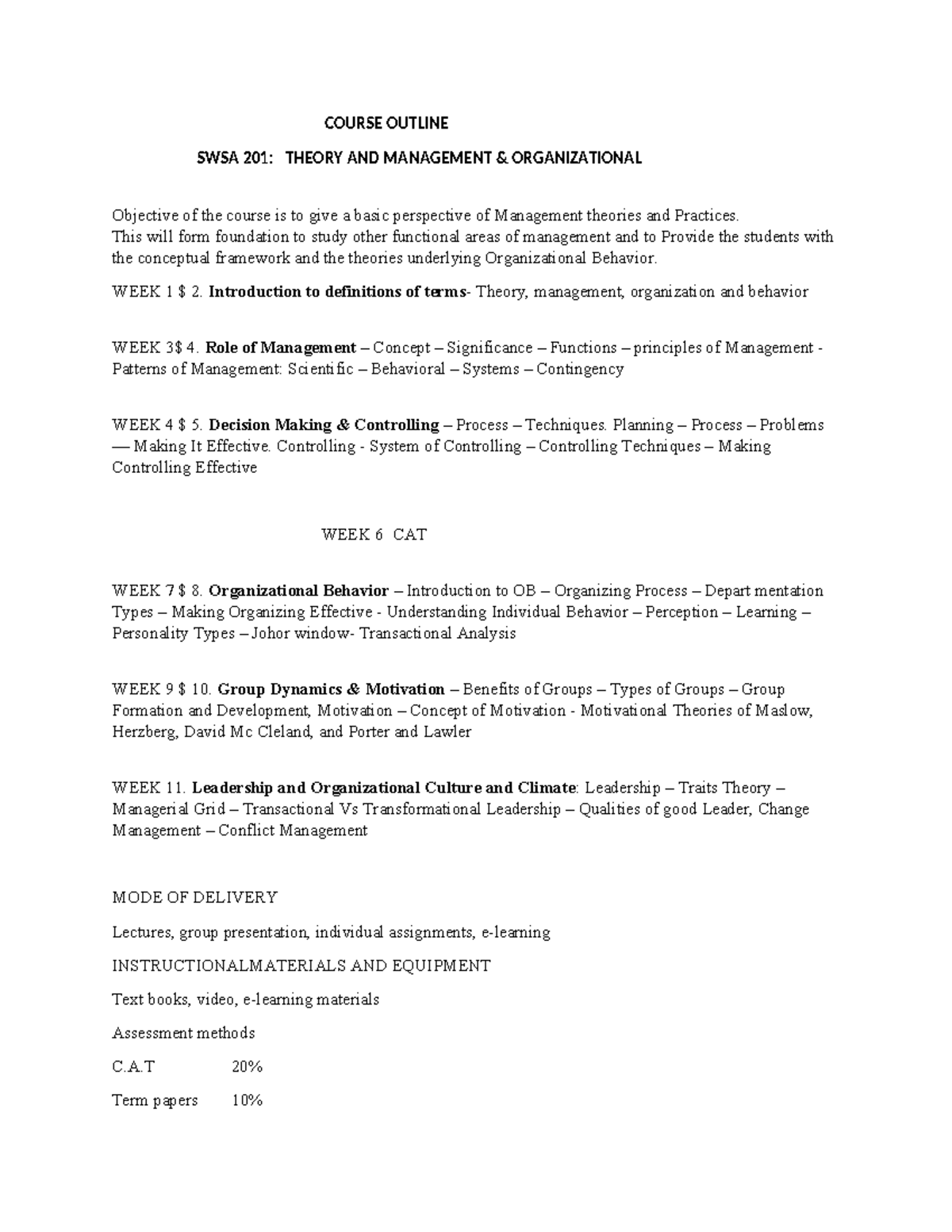 Swsa 201 - Swsa 201 - COURSE OUTLINE SWSA 201: THEORY AND MANAGEMENT ...