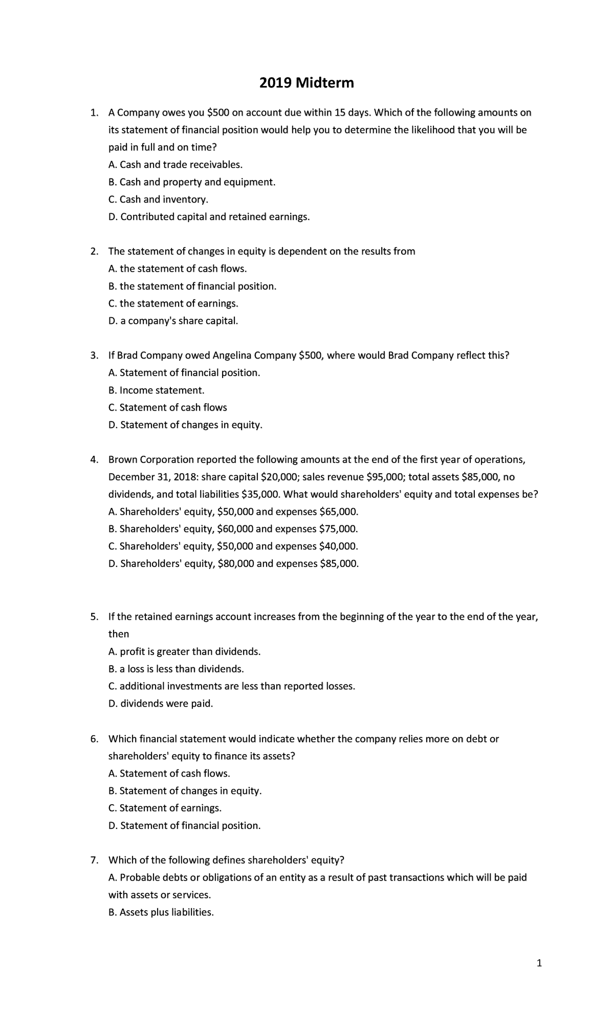 BU127 Midterm 1 2019 Questions - 2019 Midterm A Company Owes You $500 ...