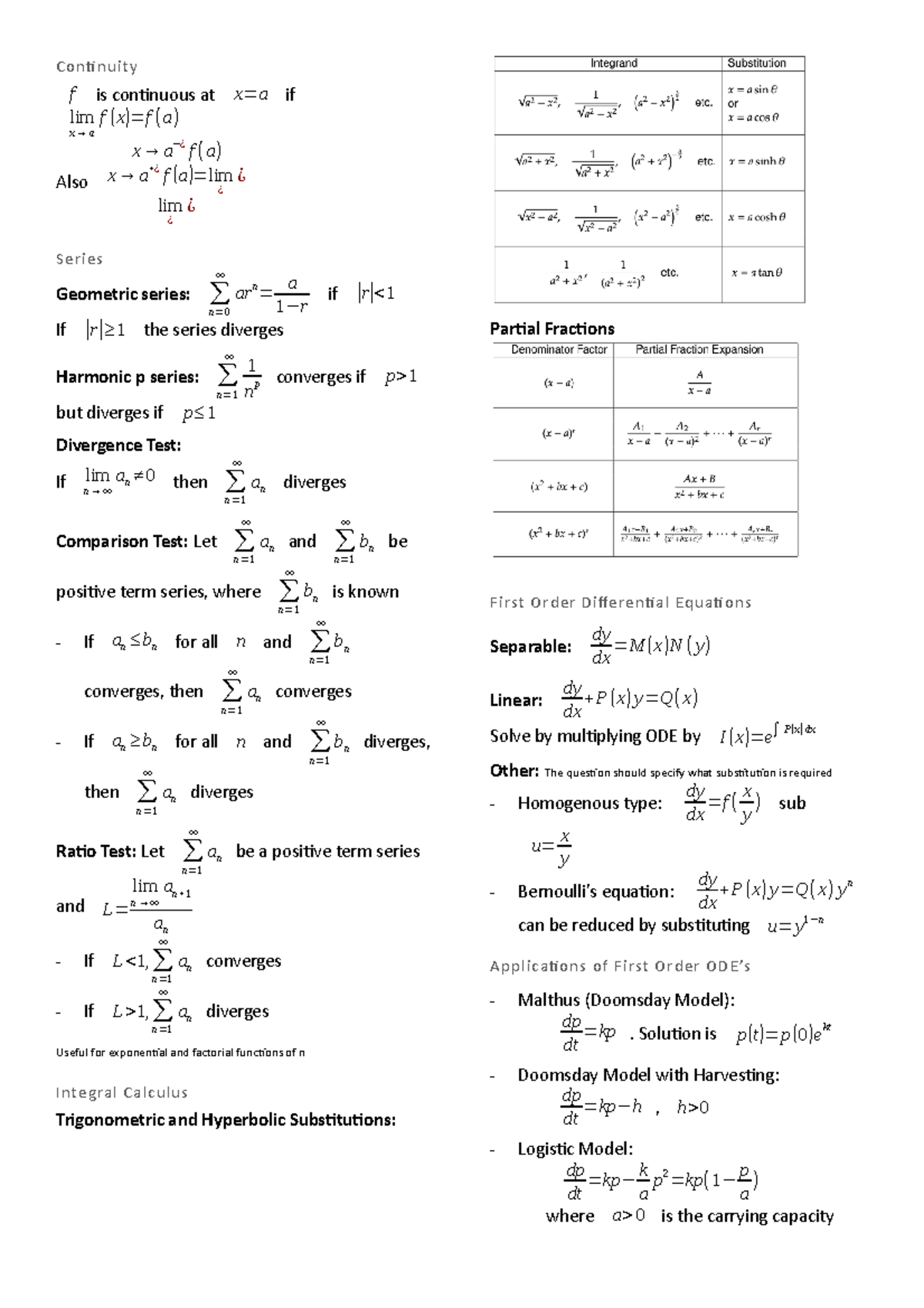 Calc2 Formula Sheet 2020S2 (H1-89) - Continuity f is continuous at x=a ...