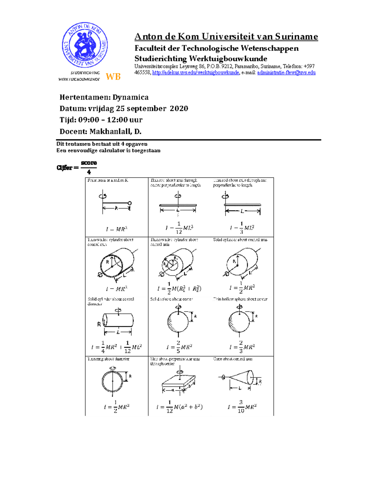 Hertentamen Dynamica 2020-2 - Anton De Kom Universiteit Van Suriname ...