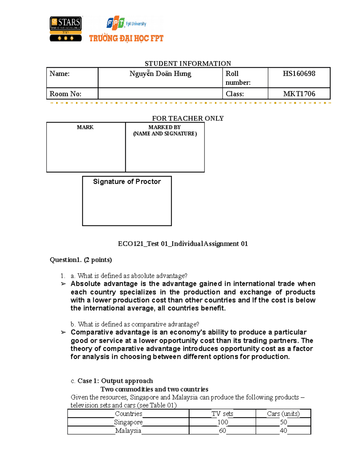 ECO121 Test 01 Individual Assignment 01 - STUDENT INFORMATION Name ...