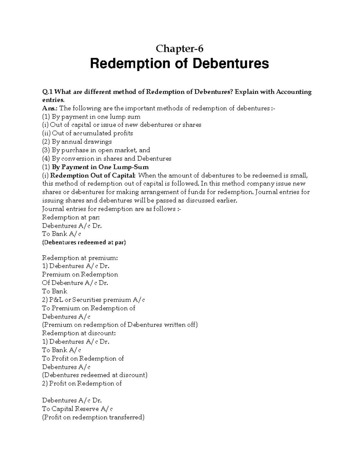 Chapter 6 Redemption of Debentures Chapter Redemption of Debentures