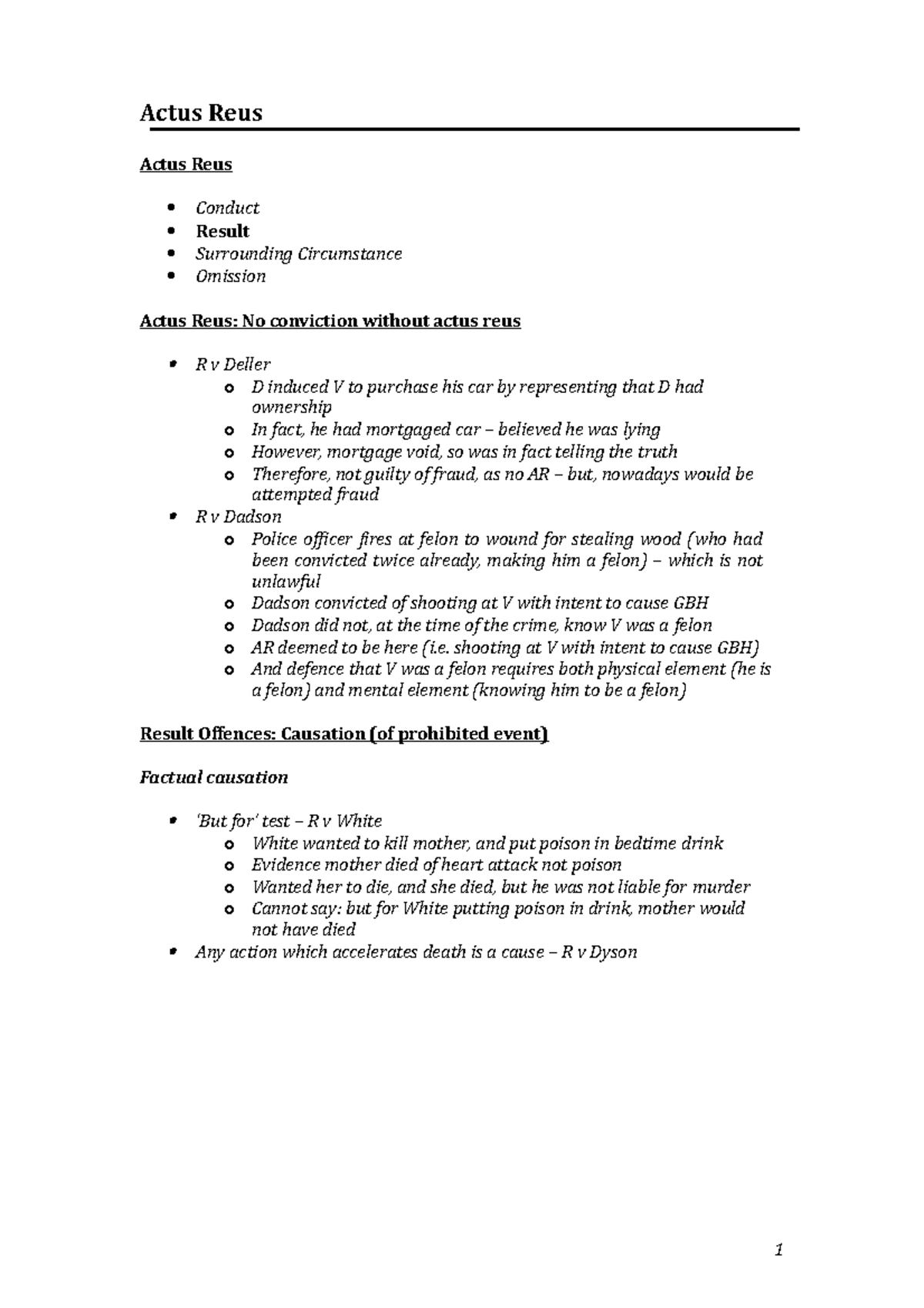 01 Actus Reus - criminal law - 1 Actus Reus Actus Reus Conduct Result ...
