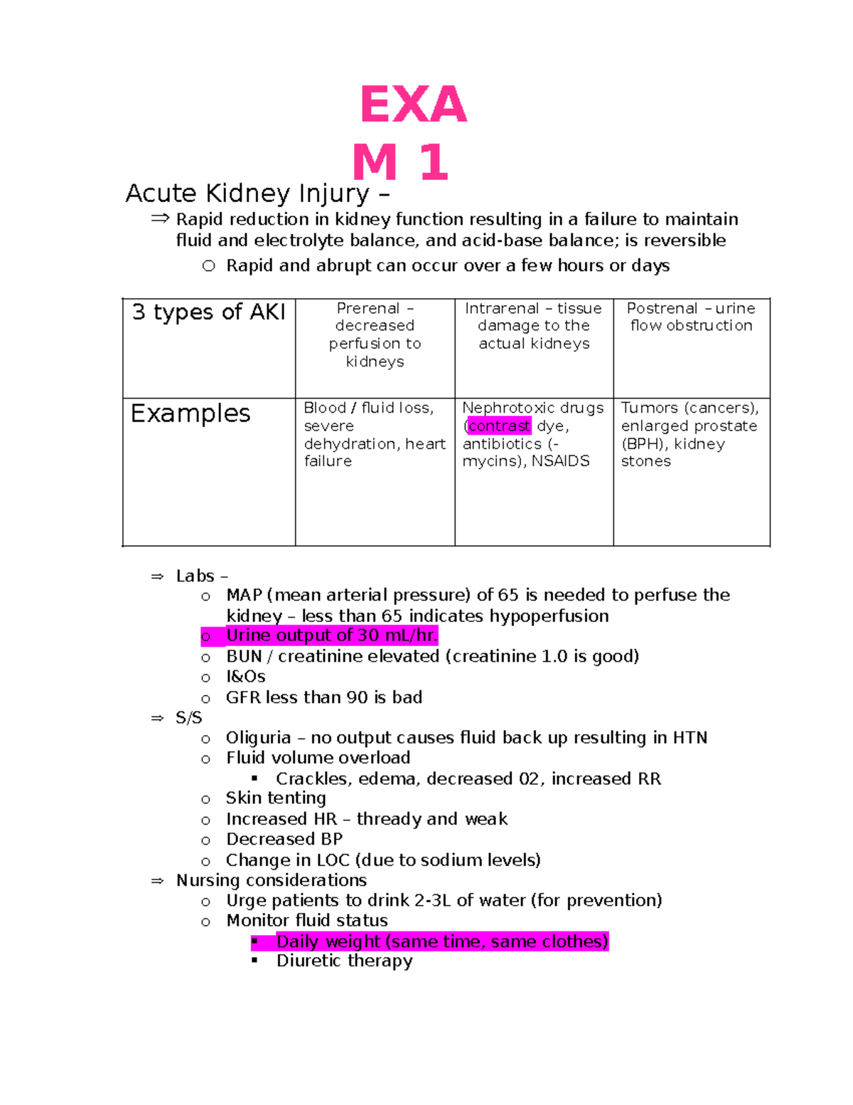 Exam 1 - Acute Kidney Injury – Rapid reduction in kidney function ...