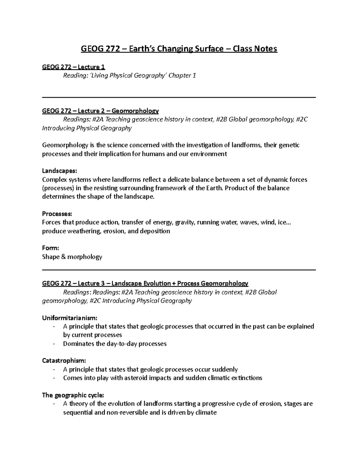 GEOG 272 1st half course notes GEOG 272 Earth’s Changing Surface