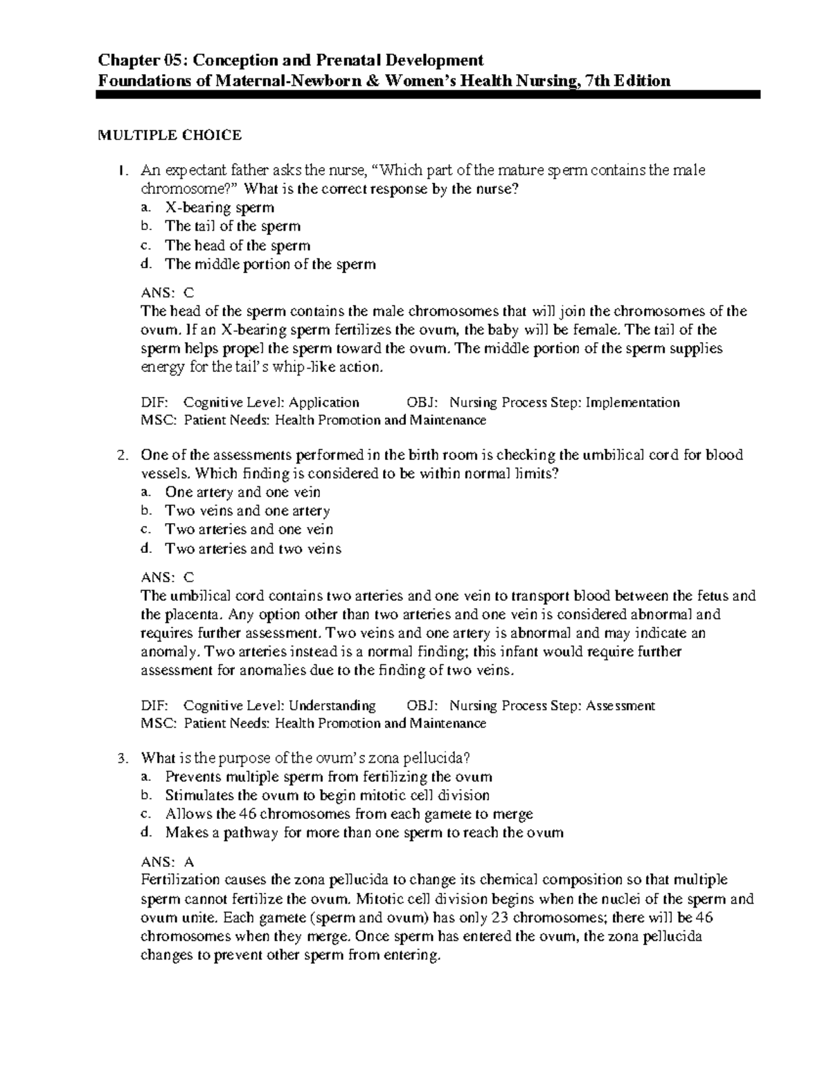 C5 - Murray Test Bank - Chapter 05: Conception and Prenatal Development ...