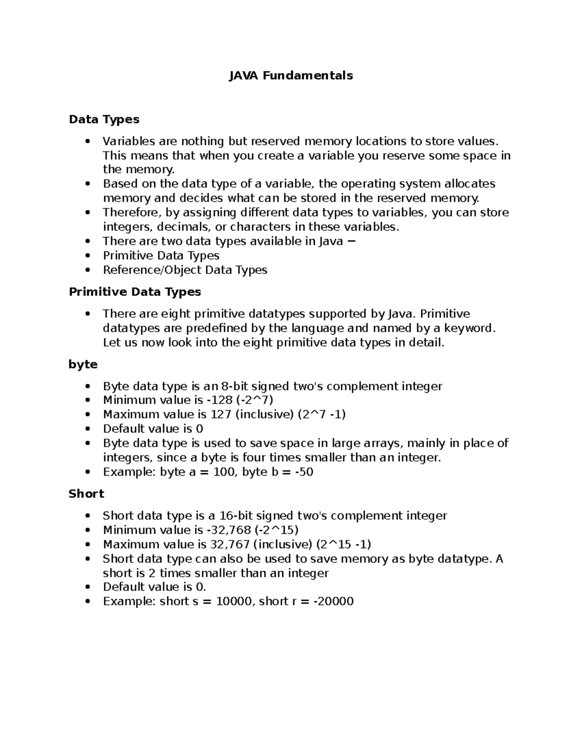JAVA Fundamentals - Variables are nothing but reserved memory locations ...