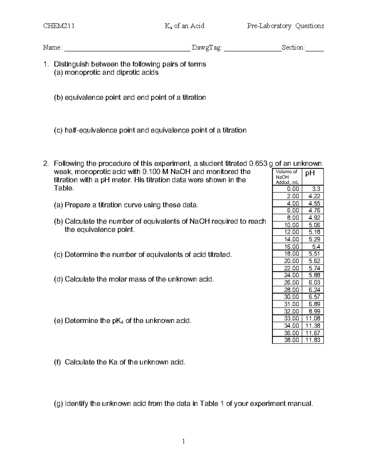 Chem211-Ka-Pre Lab - pre lab - CHEM211 Ka of an Acid Questions Name ...