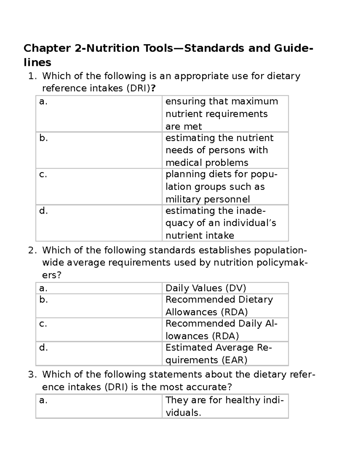 Chapter 02 Practice Questions Chapter 2Nutrition Tools—Standards and