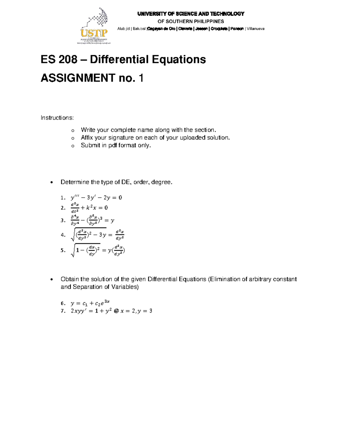 Differential equations ES 208 Differential Equations ASSIGNMENT no. 1 Instructions o Write