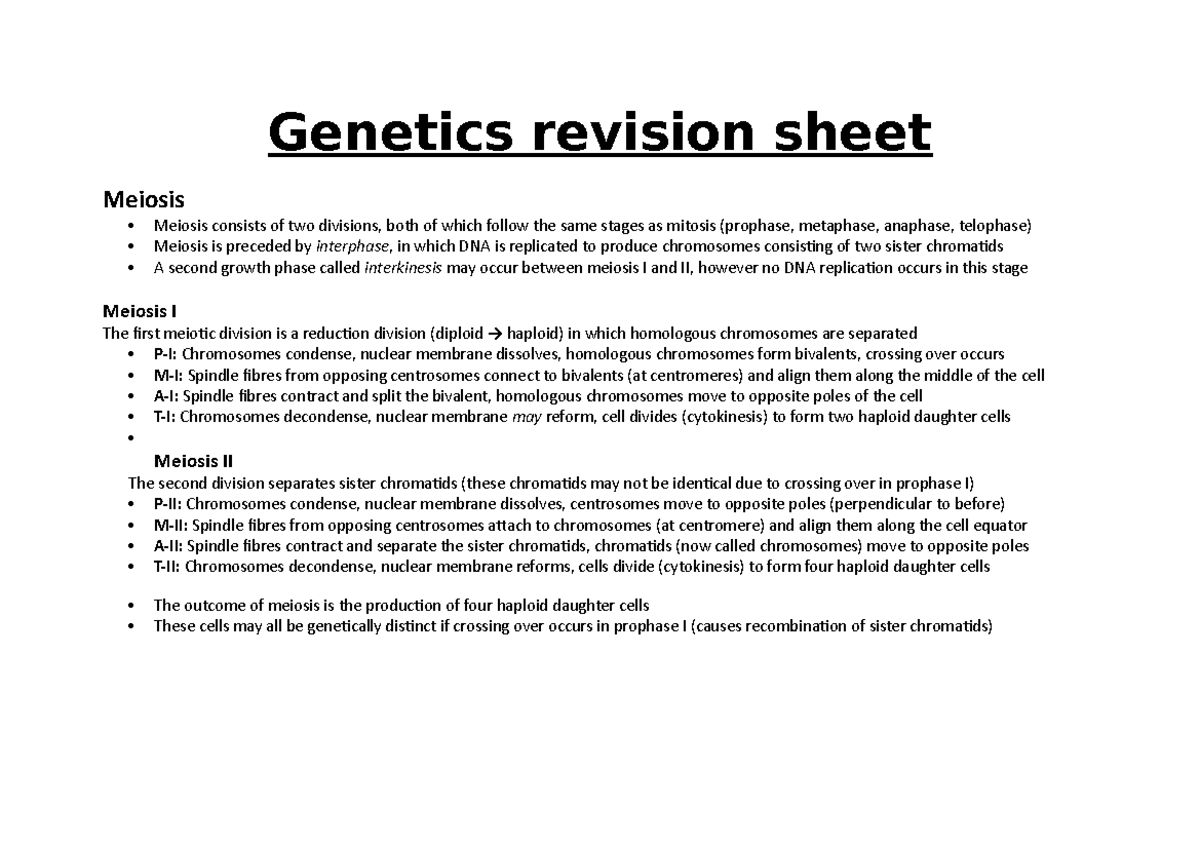 Genetics revision sheet - Genetics revision sheet Meiosis Meiosis ...