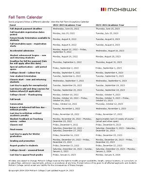 2023-2024 Fall Term Calendar - Important Academic Dates - Mohawk College - Aug 14, 2023 - Fall Term - Studocu