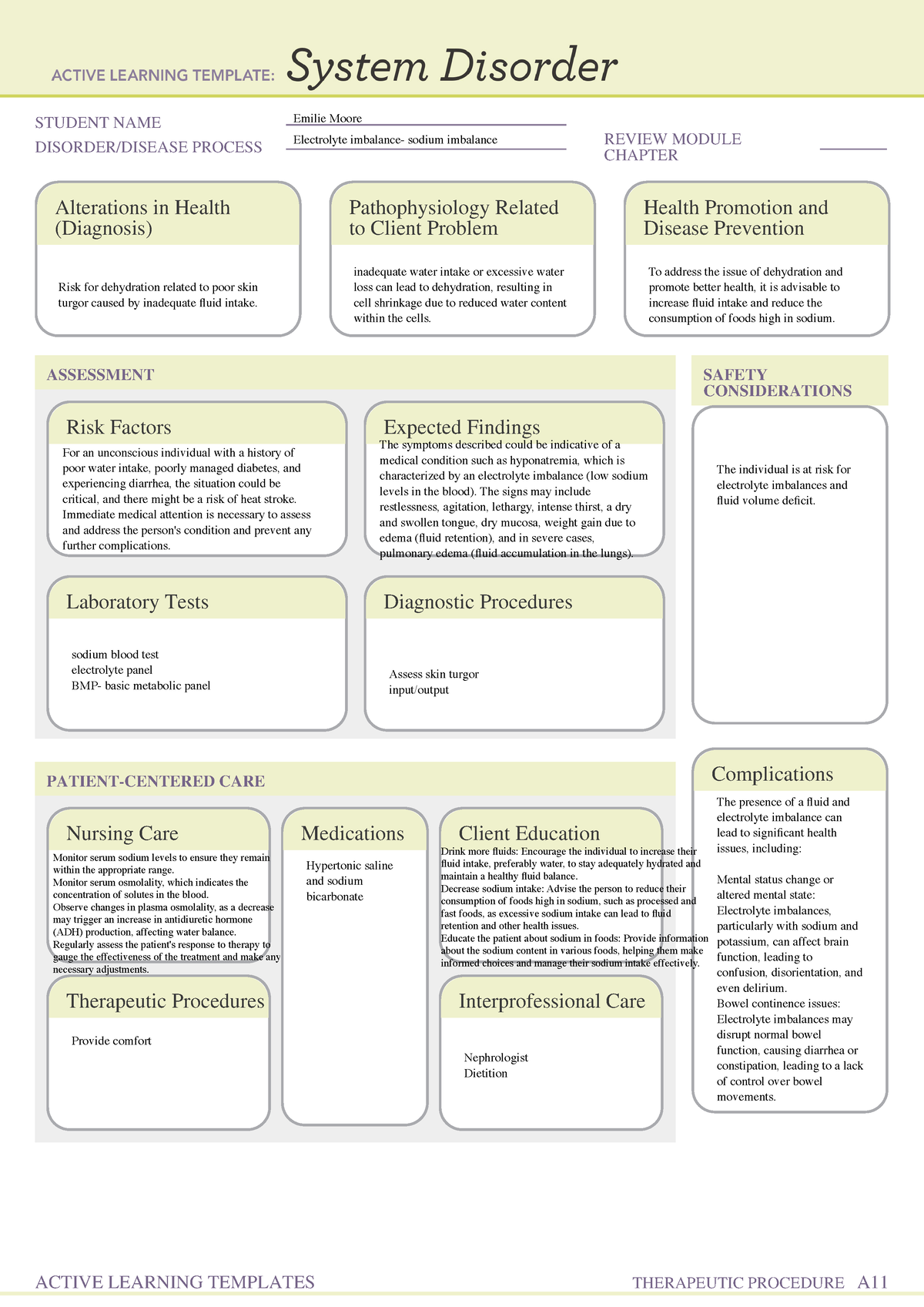 Electrolye imbalance - ATI - STUDENT NAME DISORDER/DISEASE PROCESS ...