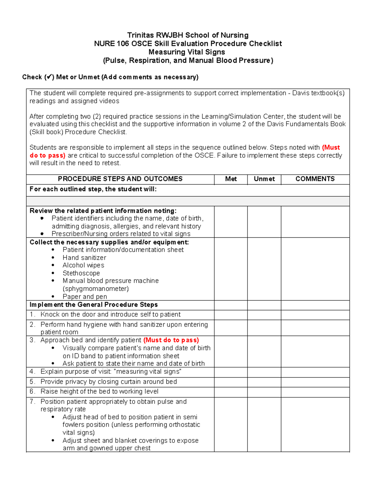 Measuring vital signs OSCE checklist - Pulse respiration and manual BP ...