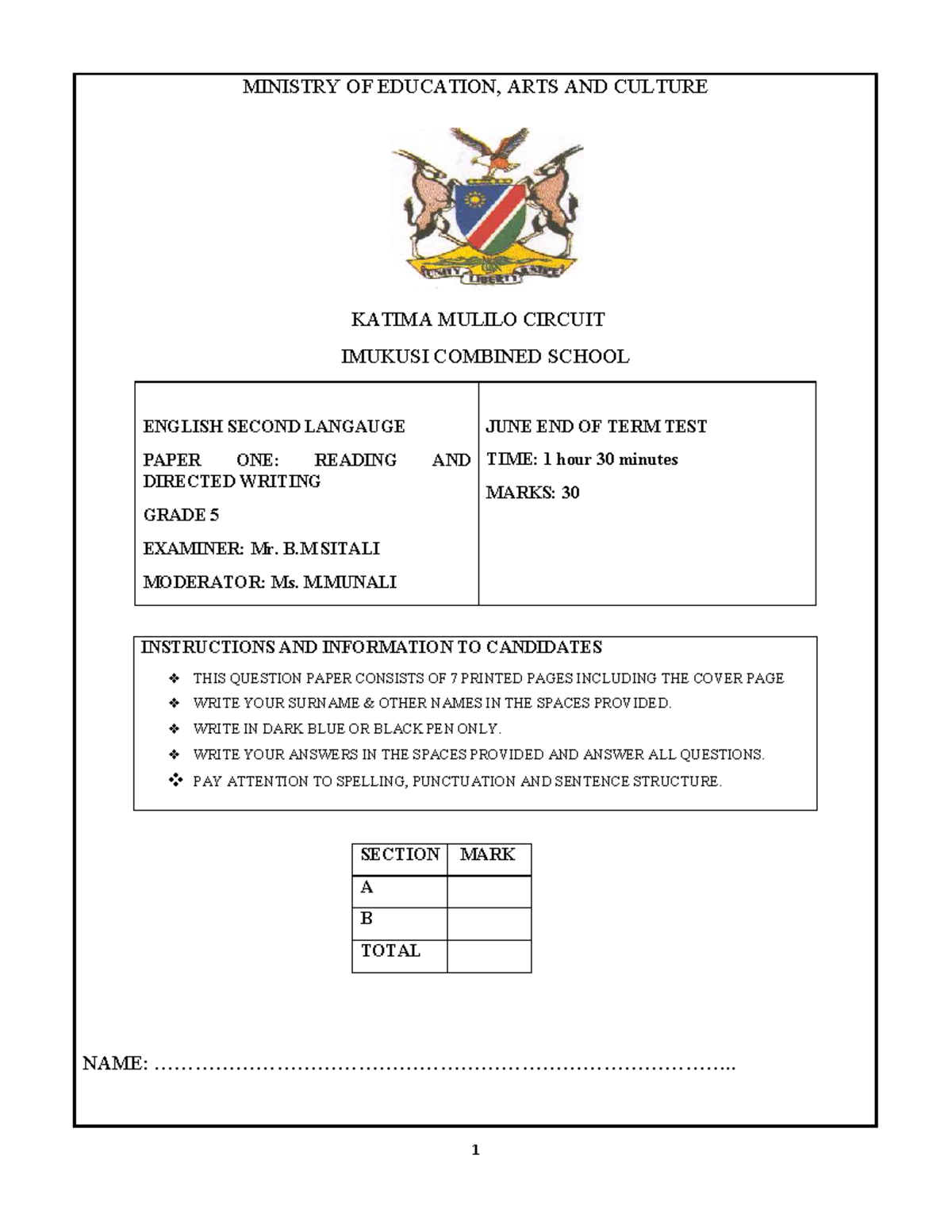 ENG MINISTRY OF EDUCATION, ARTS AND CULTURE KATIMA MULILO CIRCUIT