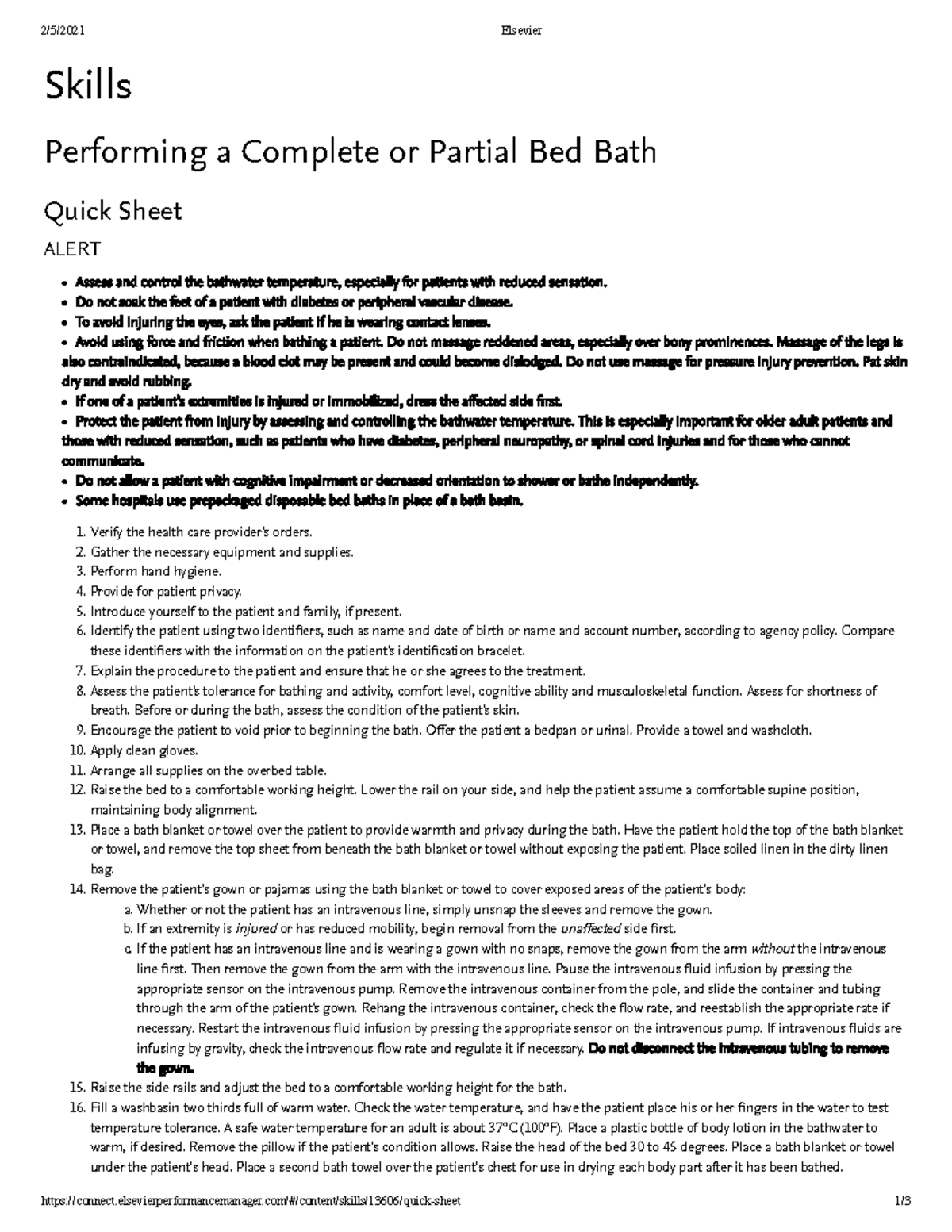 Quicksheet Complete partial bed bath 2/5/2021 Elsevier Studocu