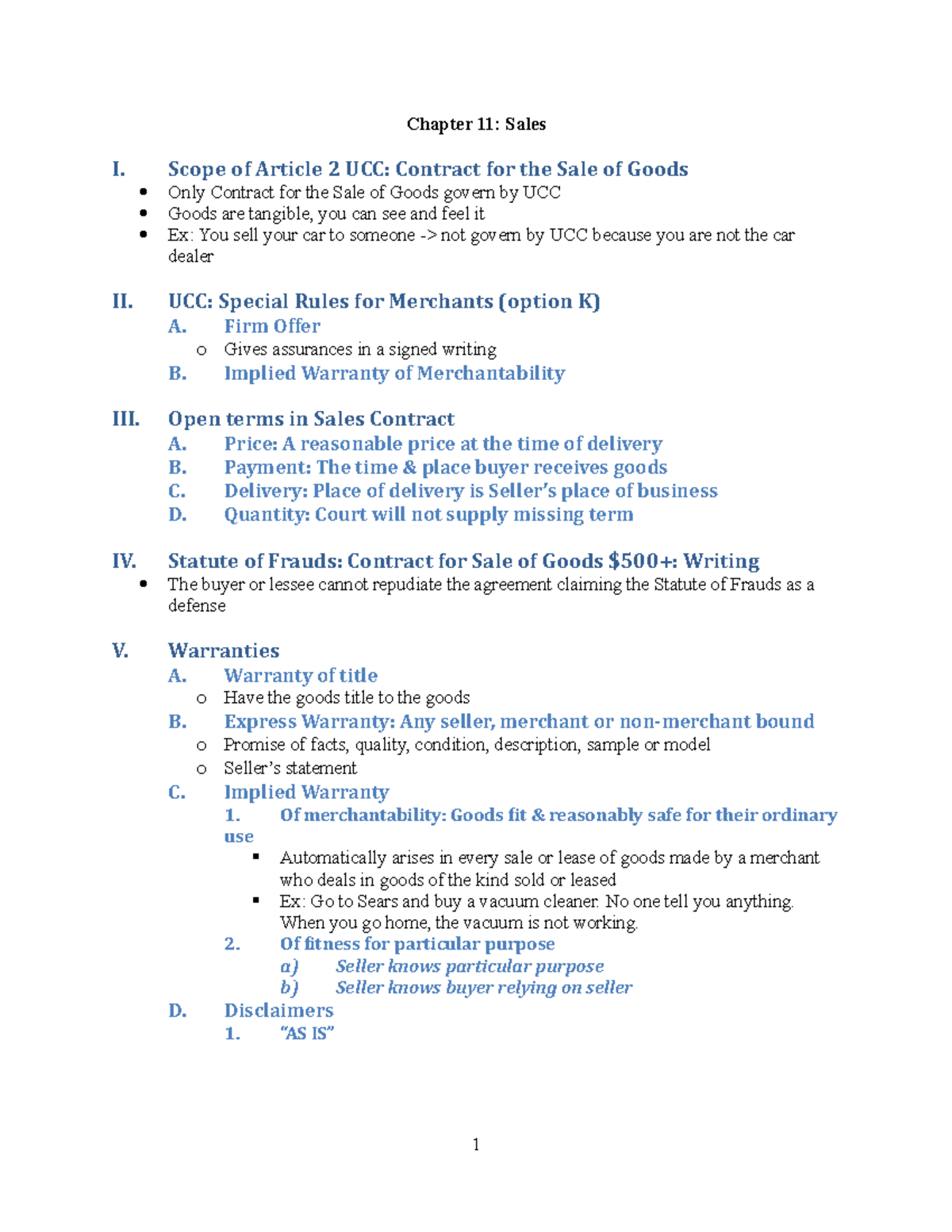 Chapter 11 - Chapter 11: Sales I. Scope of Article 2 UCC: Contract for ...