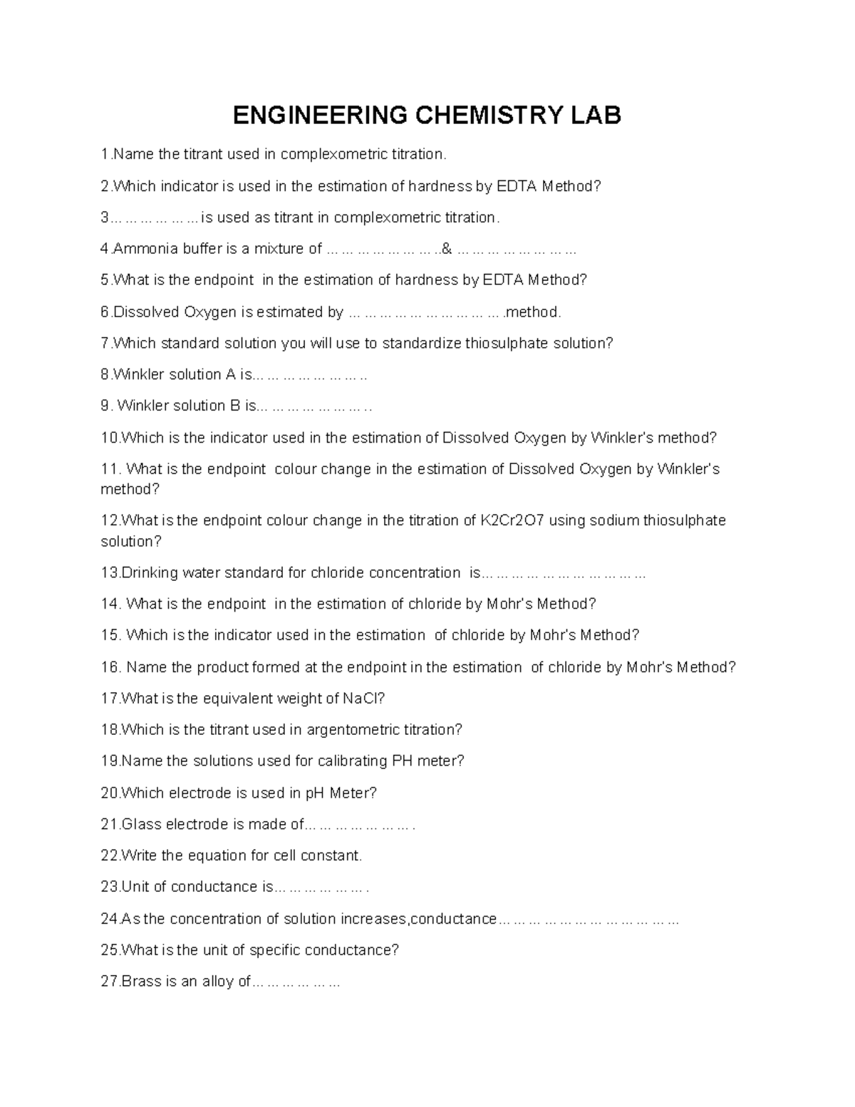 Practical EXAM Questions-1 - ENGINEERING CHEMISTRY LAB 1 the titrant ...