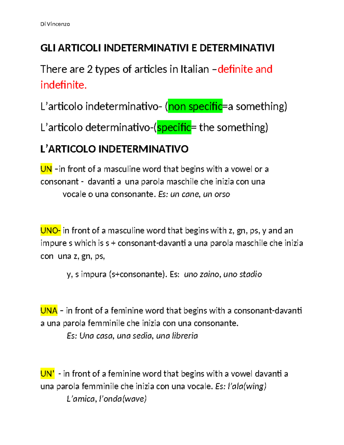 GLI Articoli Indeterminativi E Determinativi - GLI ARTICOLI ...