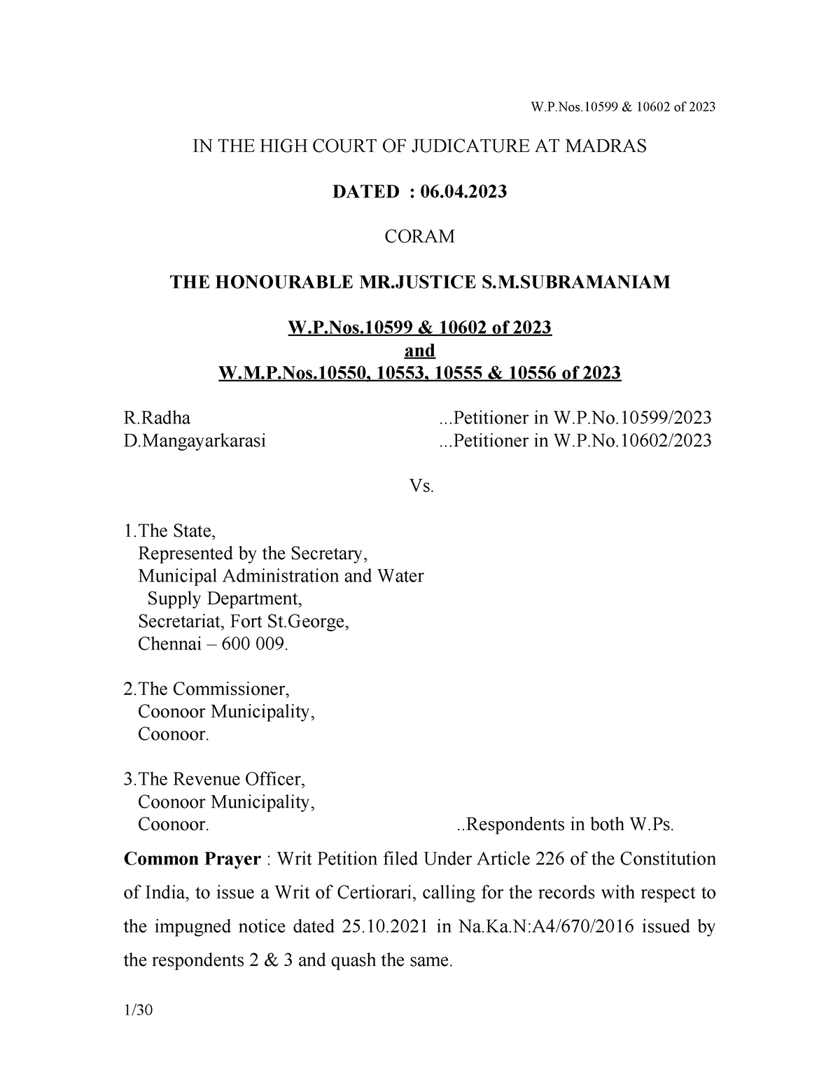 7. WRIT Cretorari n - IN THE HIGH COURT OF JUDICATURE AT MADRAS DATED ...