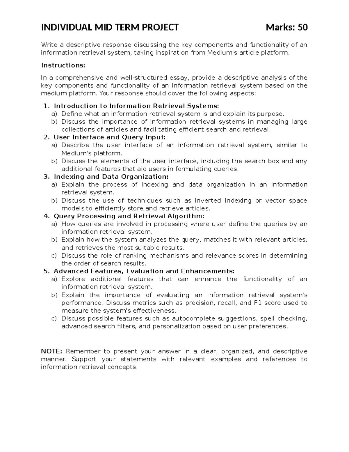 Individual Project for Mid Term - INDIVIDUAL MID TERM PROJECT Marks: 50 ...